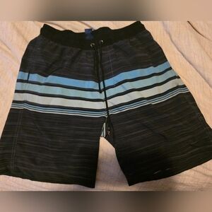 Men's Black and Blue Striped Swim Shorts